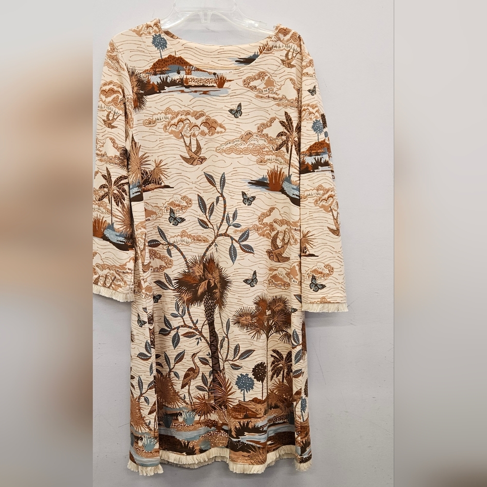 * SOLD* Spartina 449 Casual Cream and Brown Sheath Dress with 3/4 Sleeves